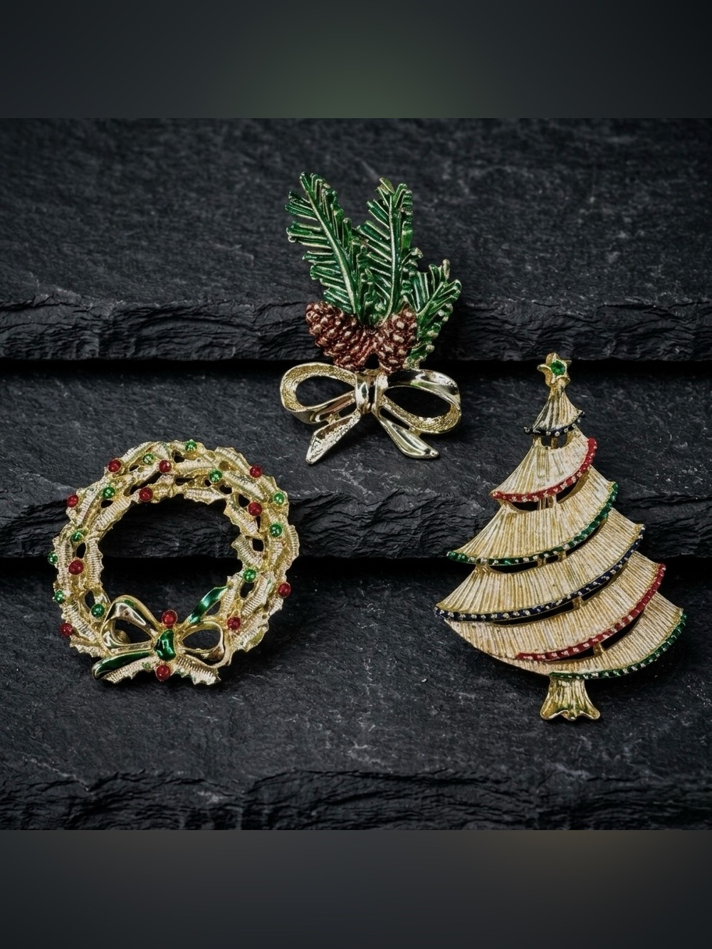 Vintage 70s Gerrys Signed Gold Tone Christmas Wreath Tree Pine Brooch Lot Set